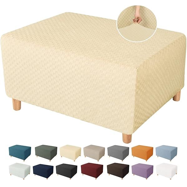 YEMYHOM High Stretch Jacquard Ottoman Cover Removable Slipcover for Small Rectangle Footstool in Beige