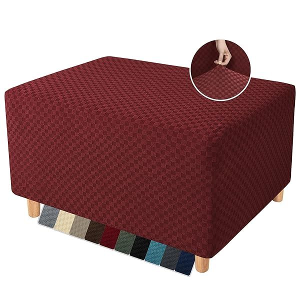 YEMYHOM Jacquard Ottoman Cover High Stretch Folding Storage Footstool Protector Rectangle Removable Slipcover Christmas Wine Red
