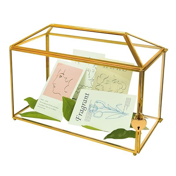 YIMORENCE V Gold Wedding Glass Card Box Large Handmade Terrarium with Slot and Heart Lock for Elegant Wedding Decor