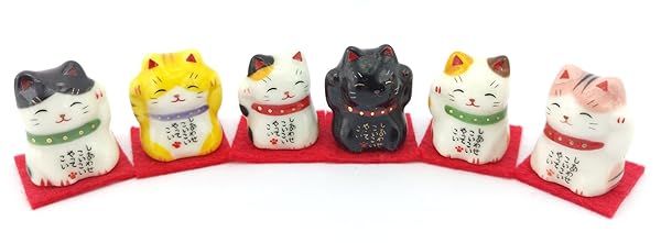 Yakushigama Mini Maneki Neko Set: 6 Antique Black Porcelain Cat Figurines for Good Luck