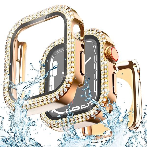 Yolovie 2 in 1 Waterproof Bling Case Compatible for Apple Watch 40mm Screen Protector SE3 SE2 SE Series 6 5 4, Women Glitter Diamond Rhinestone