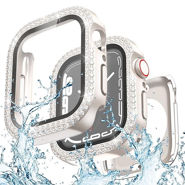 Yolovie 2 in 1 Waterproof Bling Case Compatible for Apple Watch 41mm Screen Protector Series 9 8 7, Women Glitter Diamond Rhinestone Bumper Face