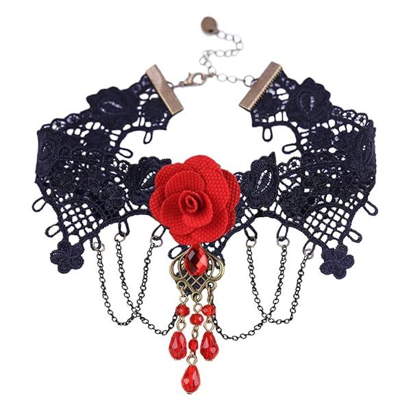 Youniker Gothic Black Lace Choker Necklace for Women Vintage Punk Steampunk Halloween Costume Party Victorian Rose Beads Pendant