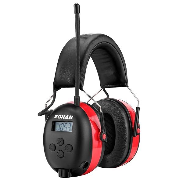 ZOHAN 033 Bluetooth 5.0 AM FM Radio Headphones with 25dB NRR Hearing Protection for Lawn Mowing Red