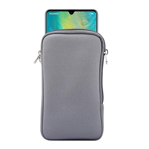 Zippered Neoprene Cell Phone Sleeve with Mesh Pocket for iPhone 16 Plus 15 Plus 14 13 Pro Max Google Pixel 8 7 Pro OnePlus 12 11 Moto G Power Gray
