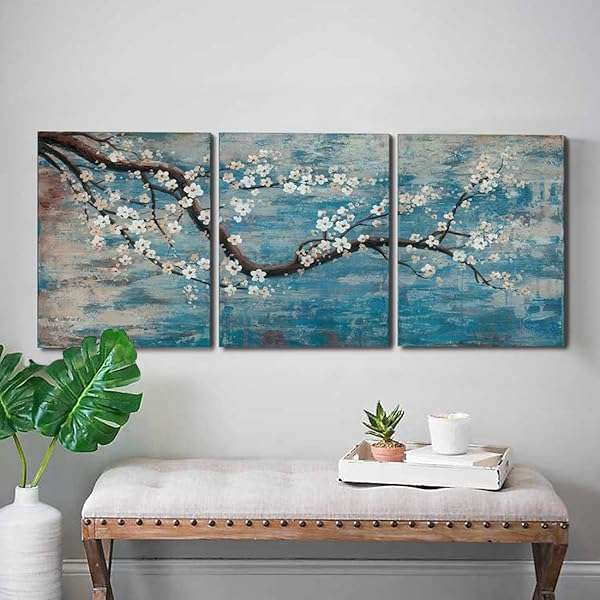 amatop 3 Piece Wall Art Hand-Painted Framed Flower Oil Painting On Canvas Gallery Wrapped Modern Floral Artwork for Living Room Bedroom Décor Teal Blue Lake Ready to Hang 12