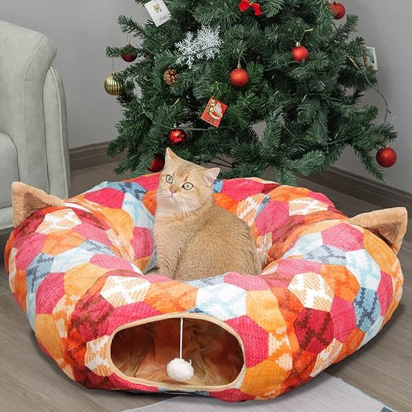 AUOON Cat Tunnel Bed with Central Mat Soft Plush Full Moon Shape Playground for Kittens Cats Puppies Rabbits Ferrets Orange