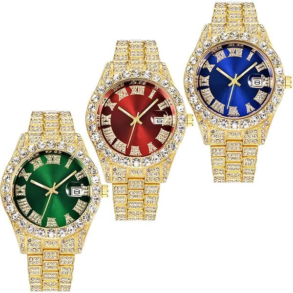 CdyBox 3 Pack Men Hip Hop Watches with Roman Scale Calendar and Crystal Rhinestone Stainless Steel Iced-Out Design