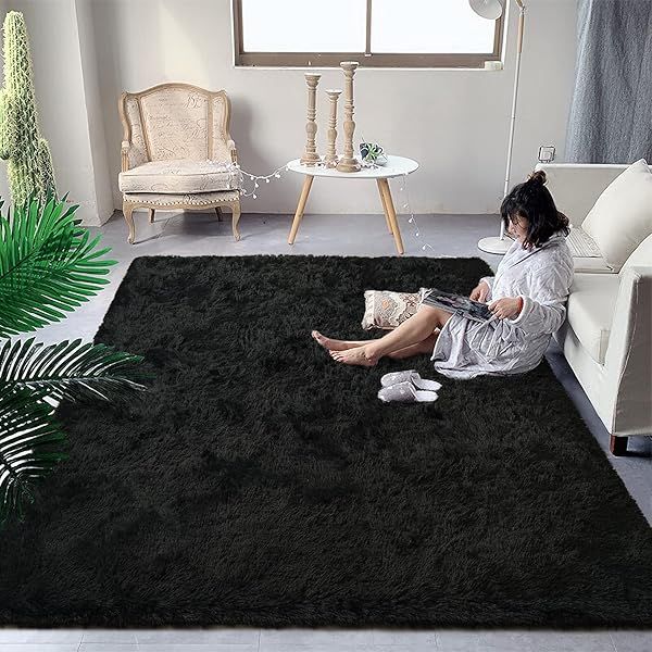 DweIke Fluffy Shaggy Area Rug Black Plush Soft Carpet for Living Room Bedroom Extra Large Non-Slip 6 ft X 9 ft Fuzzy Rug