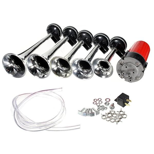ePathChina 5pcs 12V 125dB Dixie Musical Sound Air Horn Kit Powerful Loud Trumpet with Compressor for 12V Vehicle Car Truck Boats Silver