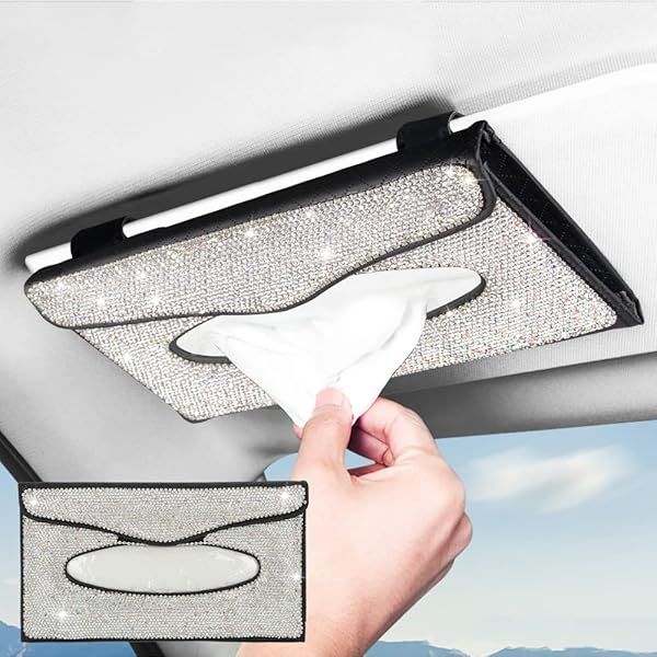 Stylish Car Sun Visor Tissue Box Holder - Bling Crystal PU Leather for Women | Black Backseat Accessory