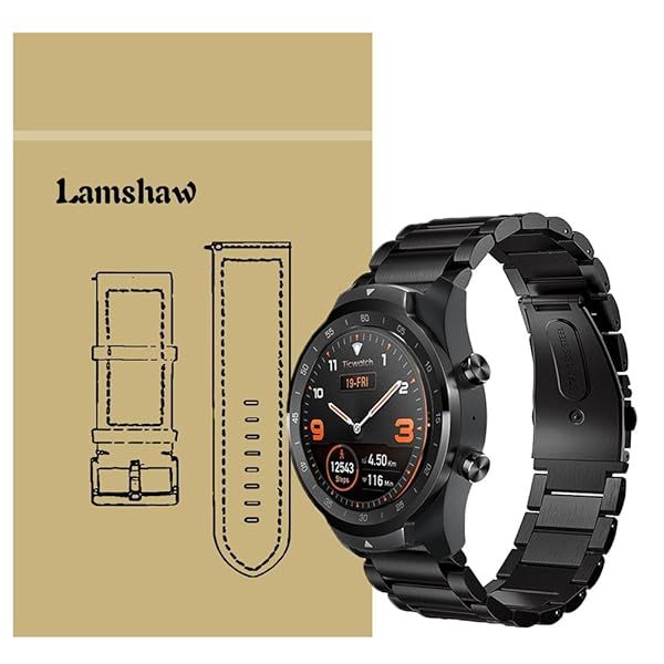 Lamshaw Stainless Steel Replacement Straps for TicWatch Pro, S2 & E2 - Durable Black Metal Bands