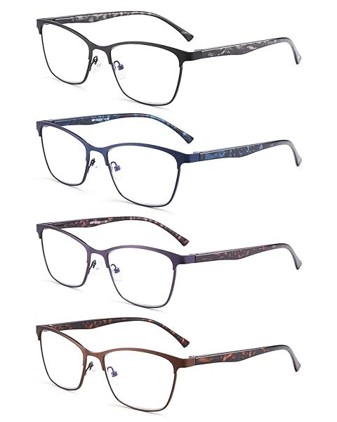 HIYANJN 4 Pack Reading Glasses Blue Light Blocking Metal Frame Eyeglasses for Men and Women 2.00 Strength
