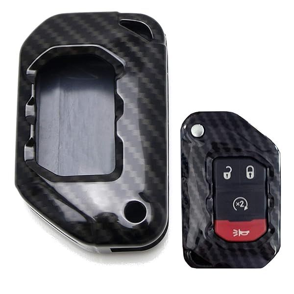 iJDMTOY Glossy Black Carbon Fiber Key Fob Shell Cover for 2018 Jeep Wrangler JL and 2020 Gladiator Exact Fit