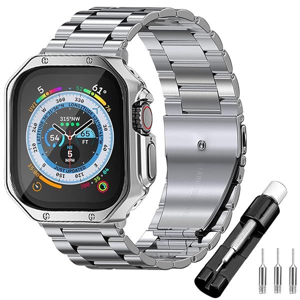 iTecFree for Metal Apple Watch Ultra 3 Band 49mm with Soft Case,Stainless Steel Bands Metal Chain Bracelet Wrist Strap and TPU Rugged Bumper Cover
