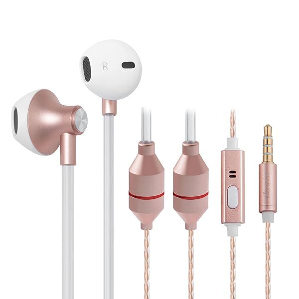 ibrain Air Tube Headphones EMF Free Airtube Earbuds Wired for Safe Listening Mode Air Tube Headset Noise Isolating in-Ear Earbud with Mic - Rose Gold