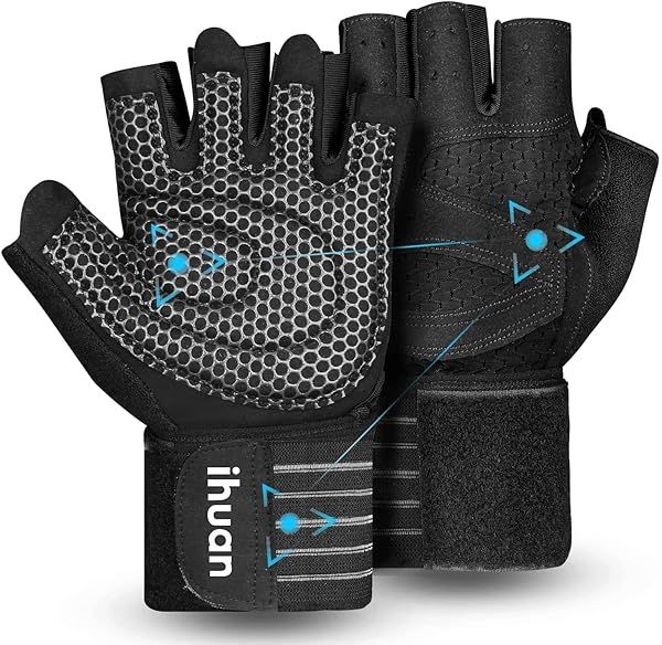 ihuan Ventilated Weight Lifting Gloves with Wrist Support - Full Palm Protection for Men & Women Fitness Training & Pull-Ups