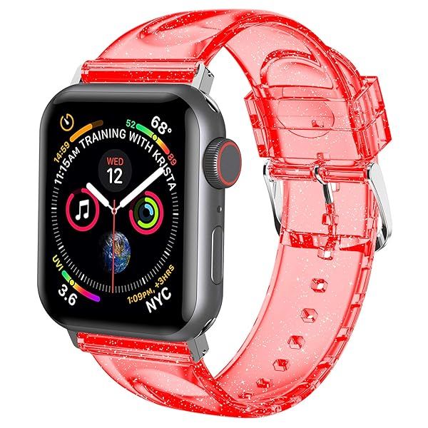 iiteeology Soft Glitter Clear Apple Watch Band 46mm 45mm 44mm 42mm for Women Series 1-10 Red Silver