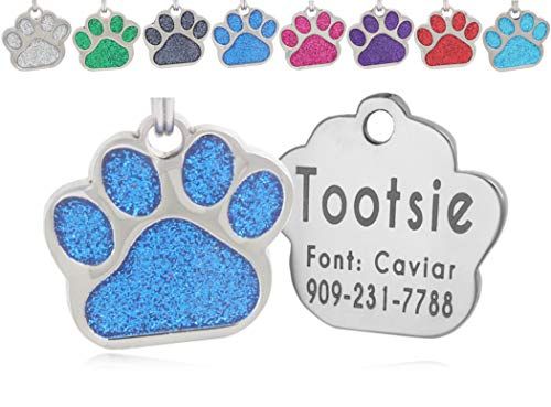 Personalized Glitter Blue Pet ID Tags for Dogs and Cats Custom Engraved Easy to Read Cute Paw Design