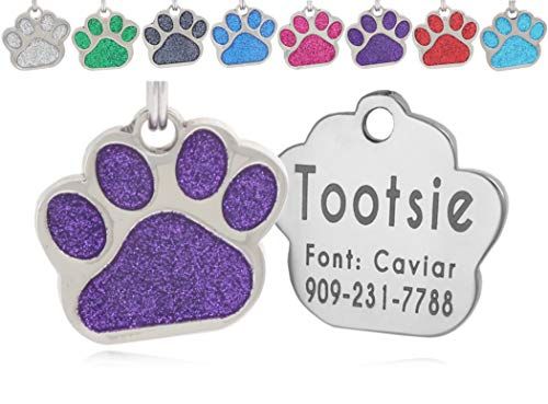 Personalized Glitter Purple Pet ID Tags for Dogs and Cats Custom Engraved Easy to Read Cute Design