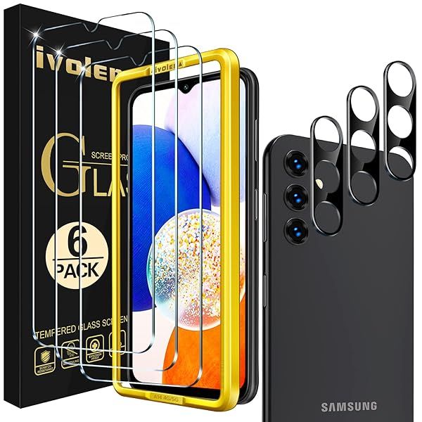 ivoler 3+3 Pack Tempered Glass for Samsung Galaxy A14 4G 5G Screen Protector 6.6'' with [3 Pack] Camera Lens Protector with [Alignment Frame],