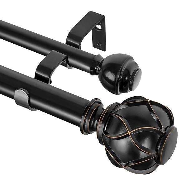 KAMANINA 1 Inch Double Curtain Rods 36 to 72 Inches Black Heavy Duty Telescoping Drapery Rod with Netted Texture Finials
