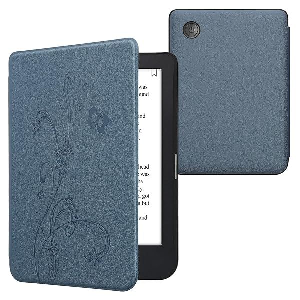 KWMobile Butterfly Tendril Case for Kobo Clara 2E & Tolino Shine 4 - Stylish eReader Cover in Dark Blue