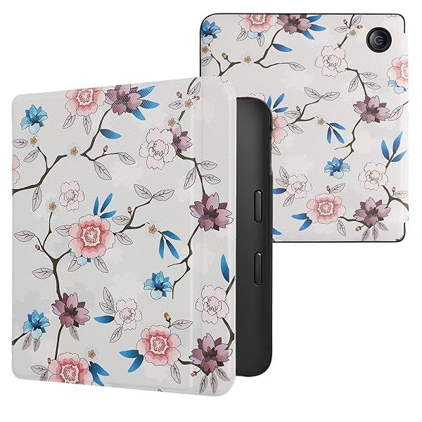 KWMobile Kobo Libra 2 Case - Stylish Flower Leaf eReader Cover in White, Pink & Blue