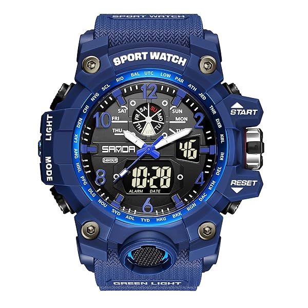 KXAITO Men's Waterproof Military Sports Watch with LED Face Alarm Stopwatch Multi Function Date Dark Blue 3169