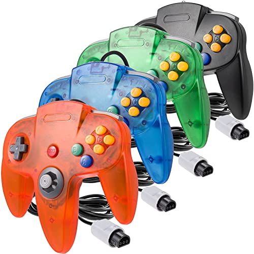 miadore 4 Pack Classic 64 Controller, Wired N64 Controllers with Upgraded Joystick (Non PC USB Version) (Black Clear Green Clear Blue Clear Orange)