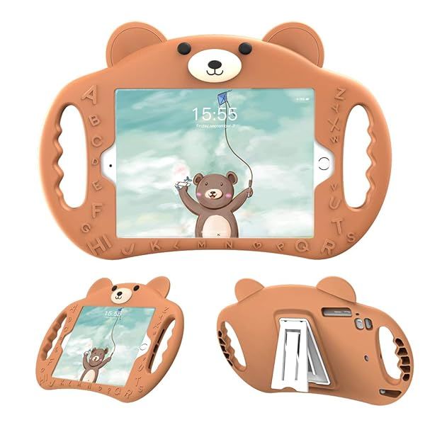 Shockproof iPad Mini Case for Kids - PZOZ Bear Cover with Silicone Handle for 1/2/3/4 (Brown) - Durable Protection & Fun Design