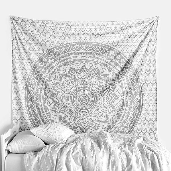 Raajsee Metallic Silver Tapestry Grey Mandala Wall Hanging Indian Cotton Beach Throw Blanket Boho Decor Twin Bedspread Yoga Mat 52 x 60 inches