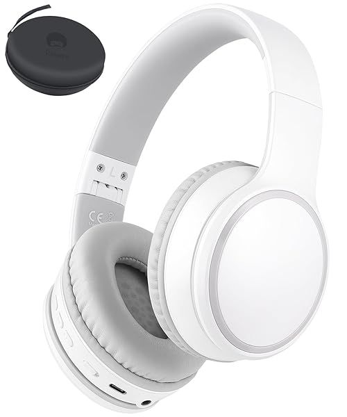 Rockpapa E9 Over Ear Bluetooth Headphones for Kids and Adults Foldable Wired Wireless with Microphone Case White Grey