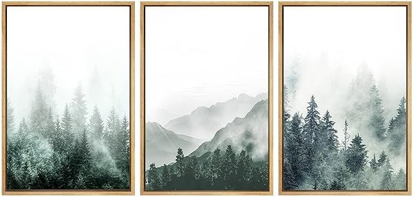 SIGNWIN Framed Canvas Print Woodland Nursery Decor Misty Green Mountain Forest Art for Living Room Bedroom Office 16x24x3 Natural