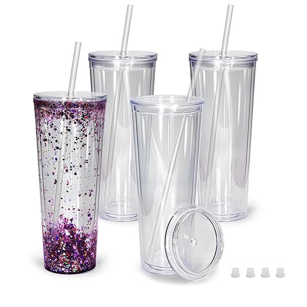 Sweet Grain Snow Globe Tumblers 4 Pack 24oz Double Wall Acrylic Cups with Lids Straws and Hole Stopper Clear Design