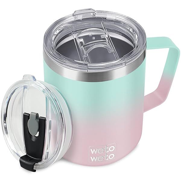 WETOWETO 14 oz Vacuum Insulated Coffee Mug Set Double Wall Stainless Steel Travel Tumbler with Lid for Outdoor Use Sweet Taffy Color