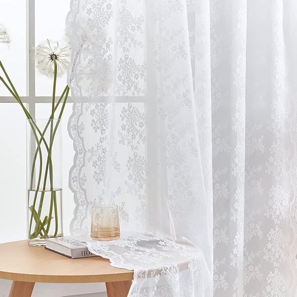 YJ YANJUN White Lace Curtains 63 Inch Set of 2 Floral Semi Sheer Victorian Panels Light Filtering Rod Pocket 52 x 63 Inch