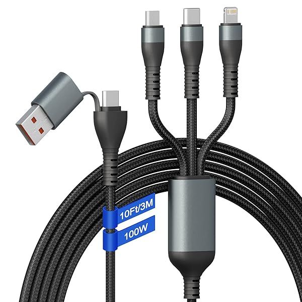 100W USB C to Multi Fast Charging Cable 3M/10Ft  USB A/C to 3-in-1 Long Charging Cord with Type C +Micro USB +Lightning Connector Universal Charger for Laptop iPhone i-Pad
