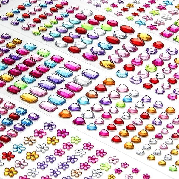 1200 PCS Self Adhesive Gem Stickers 14 Sheets Rhinestone Stickers for DIY Crafts 8 Shapes Sparkle Jewels for Nail and Body Makeup