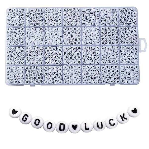 1400pcs Letter Beads, 4x7 mm Acrylic Alphabet Beads, Beads for Jewelry and Bracelet Making, in 28 Grid Box (White and Black)