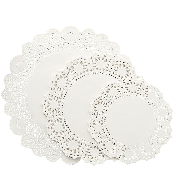 150 Pack Round White Paper Doilies Assorted Sizes for Cakes Desserts and Crafts Ideal for Parties Weddings and Table Settings