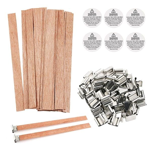 154Pcs Smokeless Wooden Candle Wicks with Iron Stands & Labels for DIY Candle Making - BENBO 5.1x0.5 Inch Craft Supplies