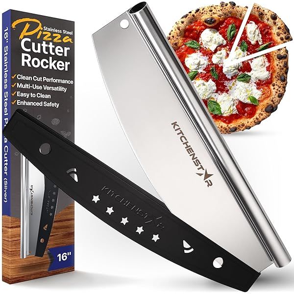 "16" KitchenStar Pizza Cutter Rocker Blade - Sharp Stainless Steel Slicer with Cover, Dishwasher Safe Pizza Tool"