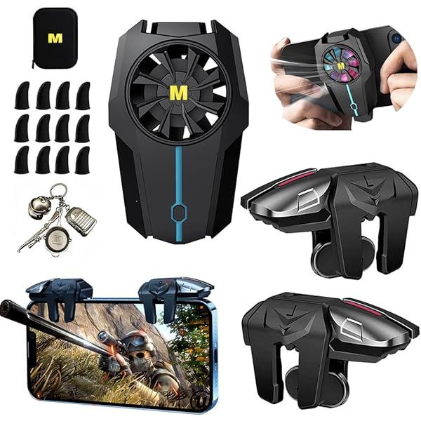 14 in 1 Mobile Phone Dual Cooler with LED Light, Cell Phone Cooling Fan Radiator, 2pcs L2R2 Mobile Game Controller Triggers for PUBG Fortnite Call of