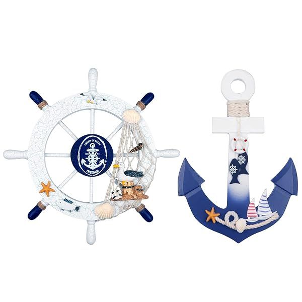 "2 Pack Nautical Beach Decor: 11" Wooden Ship Wheel & Anchor Wall Art - Perfect for Coastal Home Decoration"