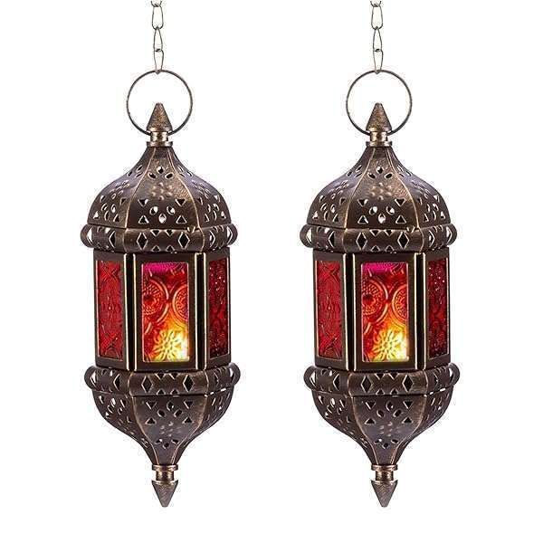 Handmade Moroccan Candle Lantern Holders - 2 Pcs Hexagon Tea Light Holders in Bronze & Colorful Glass - Perfect Gift & Home Decor