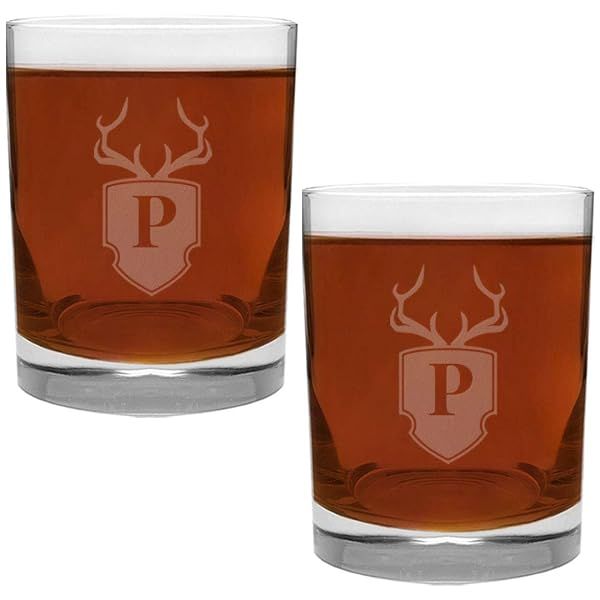 Engraved Antler and Shield Monogram Glass Set 2 Piece 13.5 Ounce