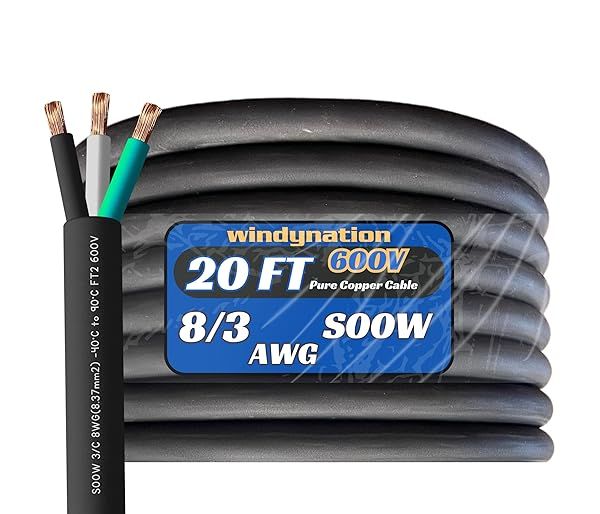 20 Feet 8 3 SOOW Cable Cord Wire - 8 Gauge 8 AWG 3 Conductor 600V Portable Power Extension Cord Cable with Ultra Flexible CPD Insulation Jacket
