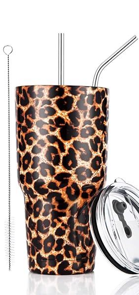 30oz Leopard Tumbler Stainless Steel Insulated Travel Mug with Straw Lid and Cleaning Brush for Travel and Outdoor Use