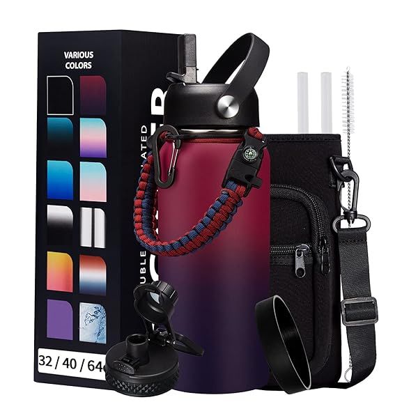 32OZ Insulated Water Bottle with Straw and Spout Lid Sweat-Proof BPA-Free Metal Reusable Wide-Mouth Vacuum Insulated with Paracord Handle